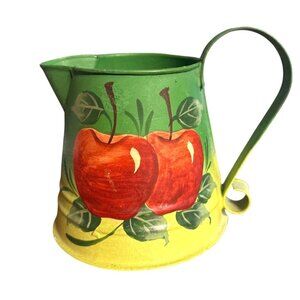 Vintage Hand-Painted Galvanized Metal Pitcher With Apple Motif Decorative Farm